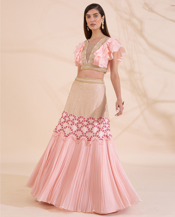 Embroidered Ruffle Blouse with Embroidered Lehenga with Pleats