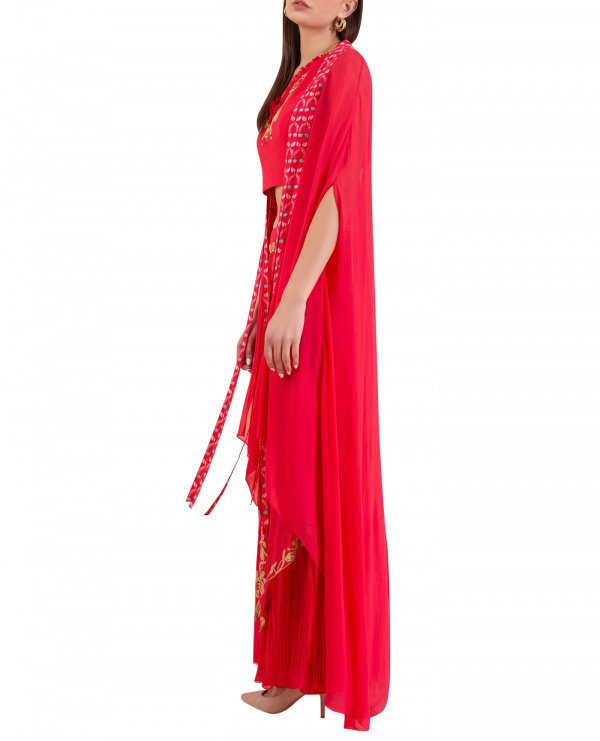 Overlap Embroidered Pleated Palazzo with Cape and Embellished Blouse
