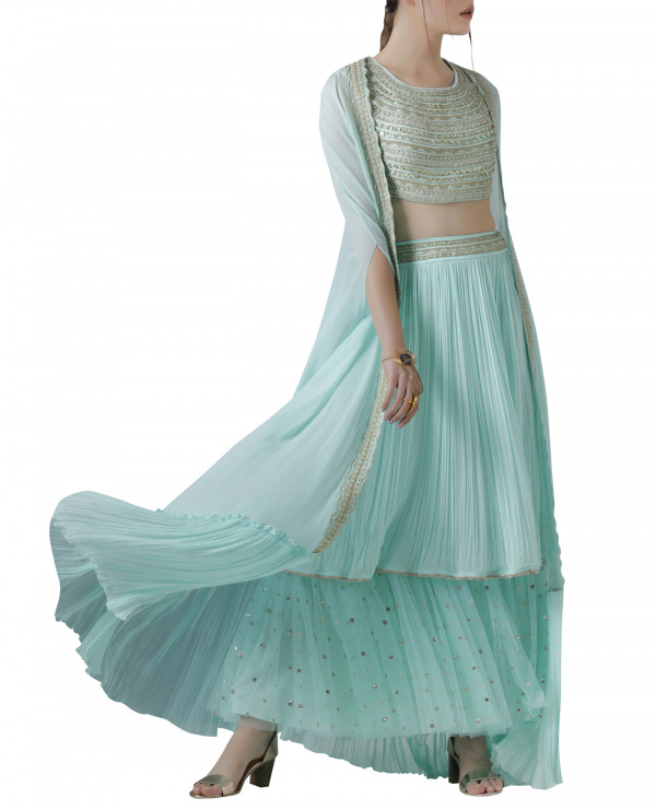 Beautiful Long cape with blouse. Set with Lehenga skirt. | Fashion, Satin  skirt, Designer dresses indian