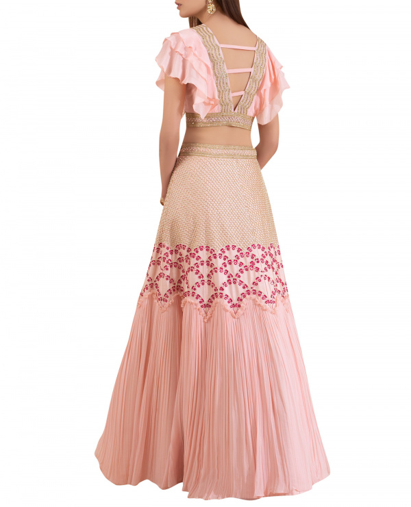 Embroidered Ruffle Blouse with Embroidered Lehenga with Pleats