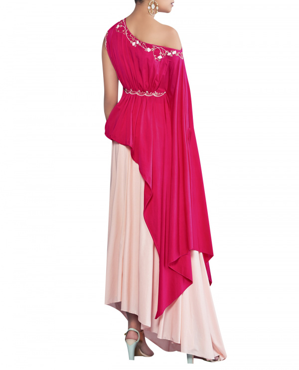One-Shoulder Draped Top with Dhoti Skirt